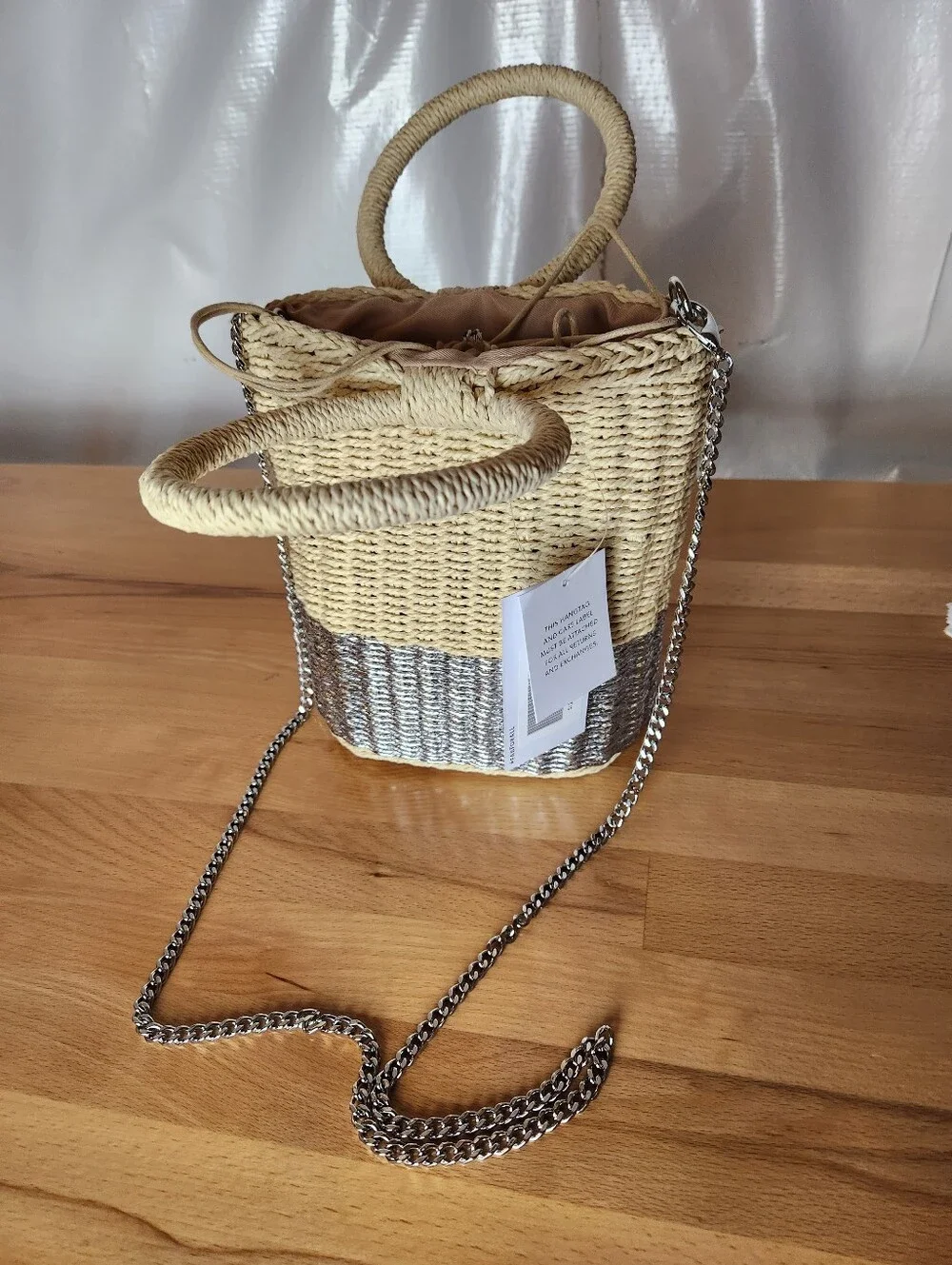 JustFab Straw Bucket Bag Hobo Metallic Silver Woven Chain Strap Boho Coastal NWT
